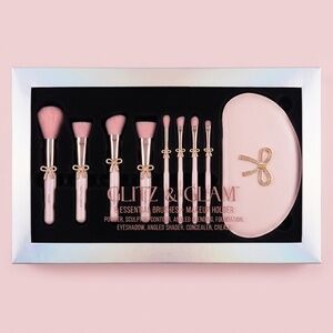 NWT Glitz & Glam Pink & Gold Bow Coquette Bling Full Face‎ Makeup Brush Set